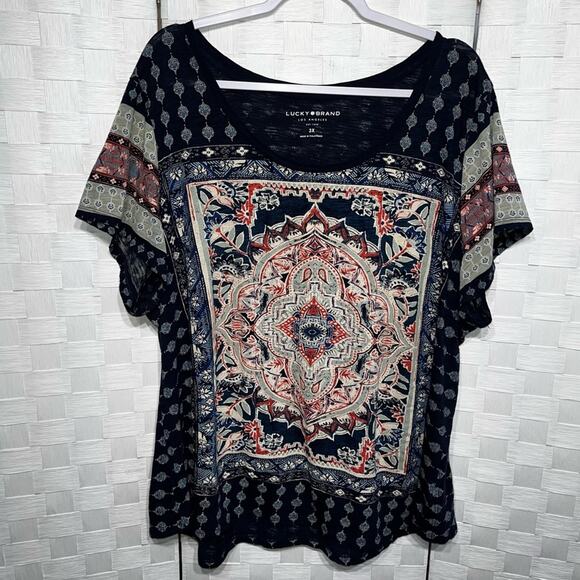Lucky Brand Womens Persian Carpet Tee Shirt Plus Size 3X Navy Multi Color Blouse - Picture 2 of 15